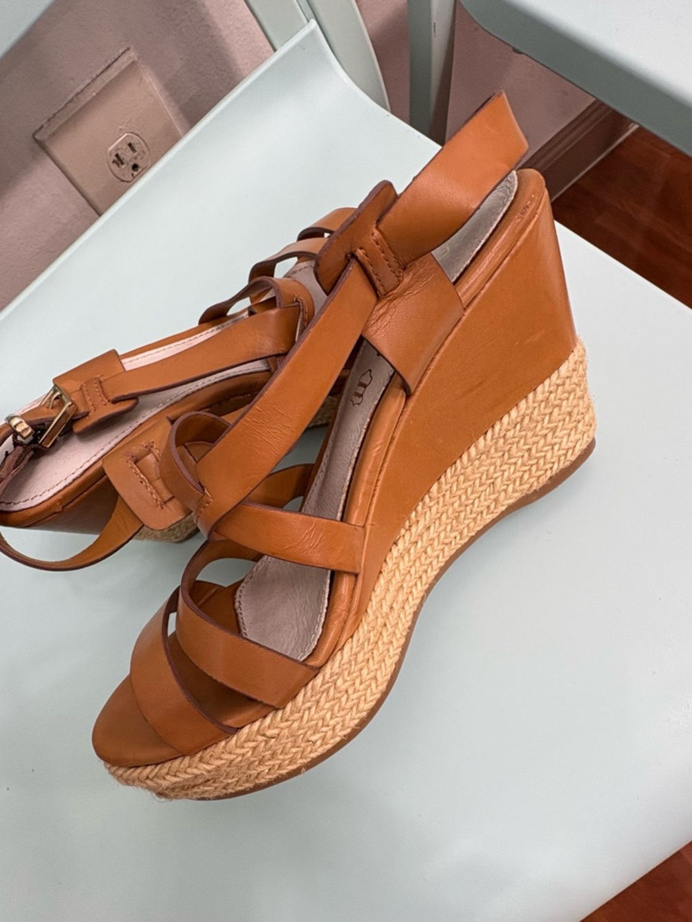 Women's Tan Wedge Sandals - Leather Espadrille Platform